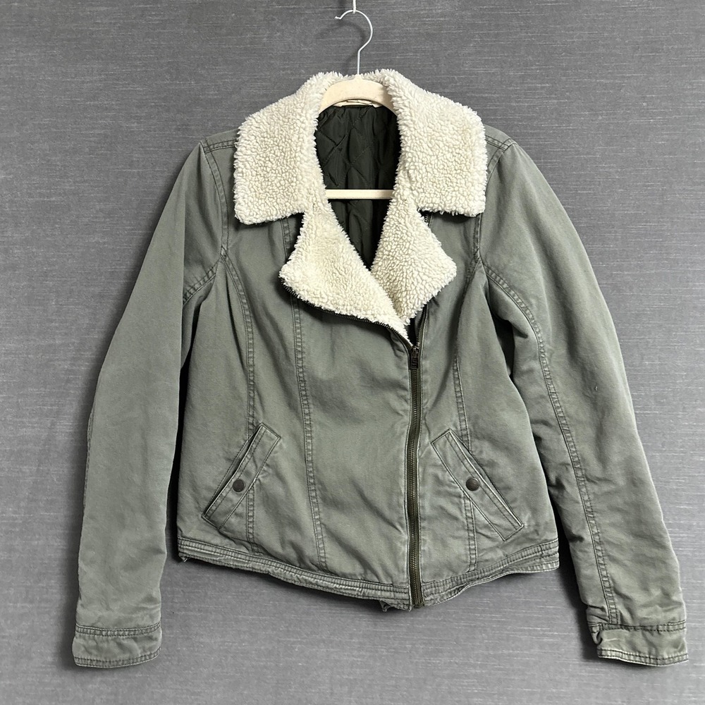 Hollister Jacket L Green Moto Biker Bomber Faux Sherpa Shearling Retro 90s y2k